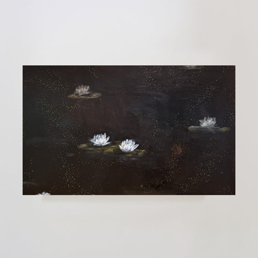 dark painting on canvas of water lilies and algae speckled around the whole painting.